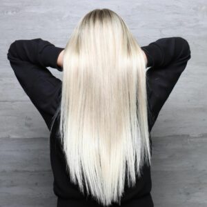 Woman with long blonde platnium hair