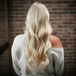 Woman with platinum blonde extensions