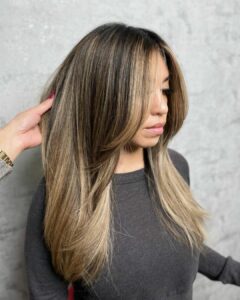 Woman with dimensional brunette hair and blowout