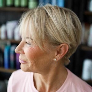 blonde woman with short pixie women's haircut